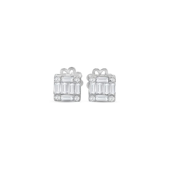 Luxurious stud earrings featuring baguette and round brilliant cut diamonds set in white gold, showcasing a modern and elegant design.