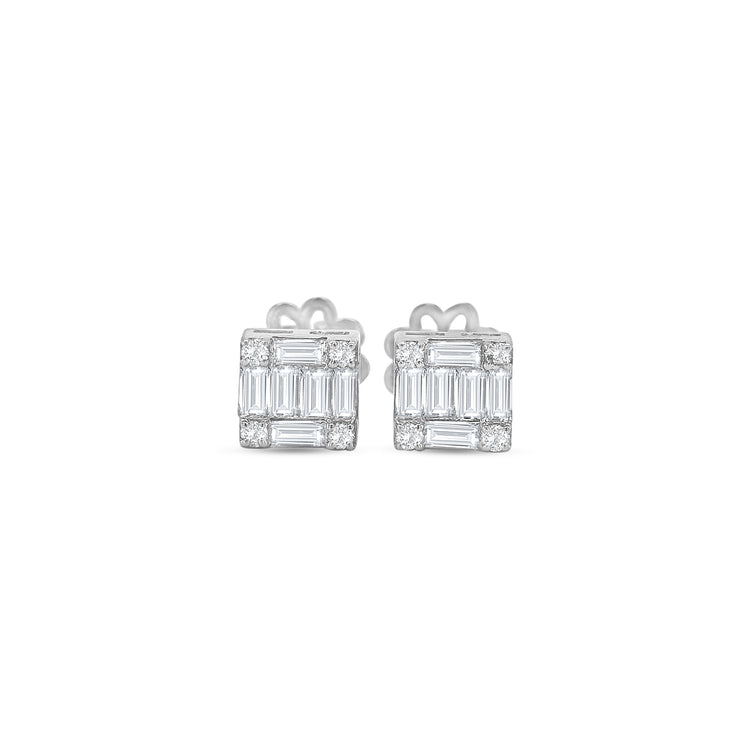 Luxurious stud earrings featuring baguette and round brilliant cut diamonds set in white gold, showcasing a modern and elegant design.