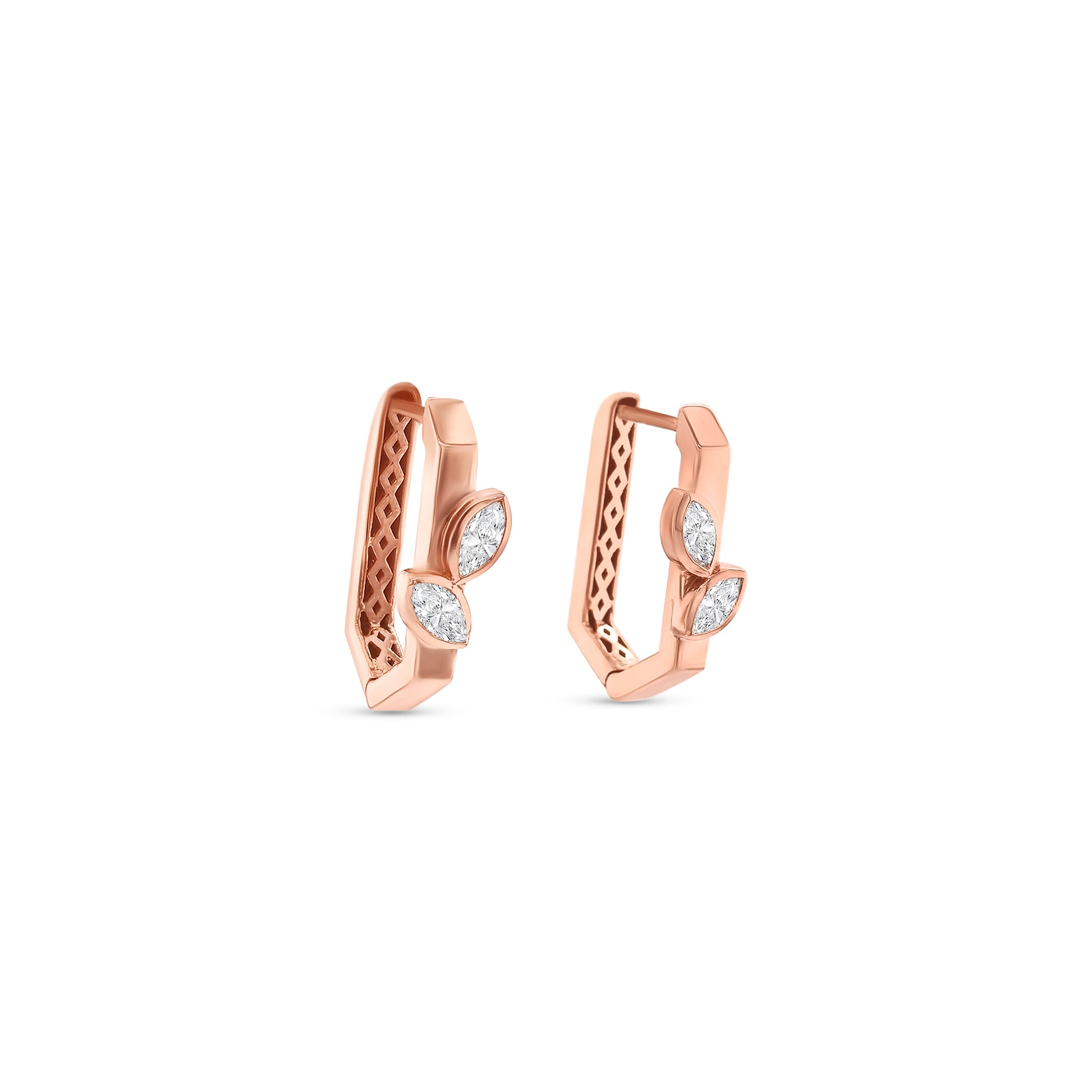 Rose gold huggie earrings, marquise diamond earrings, diamond leaf earrings, elegant hoop earrings, rose gold jewelry, fine jewelry hoops, designer earrings for women, luxury rose gold earrings, marquise cut diamond jewelry, stylish everyday earrings.