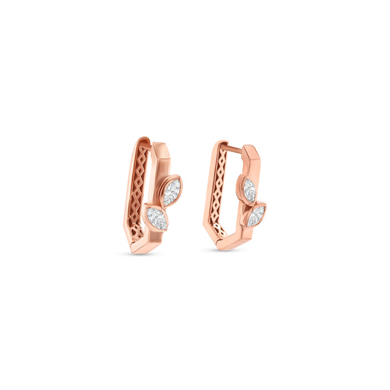 Rose gold huggie earrings, marquise diamond earrings, diamond leaf earrings, elegant hoop earrings, rose gold jewelry, fine jewelry hoops, designer earrings for women, luxury rose gold earrings, marquise cut diamond jewelry, stylish everyday earrings.