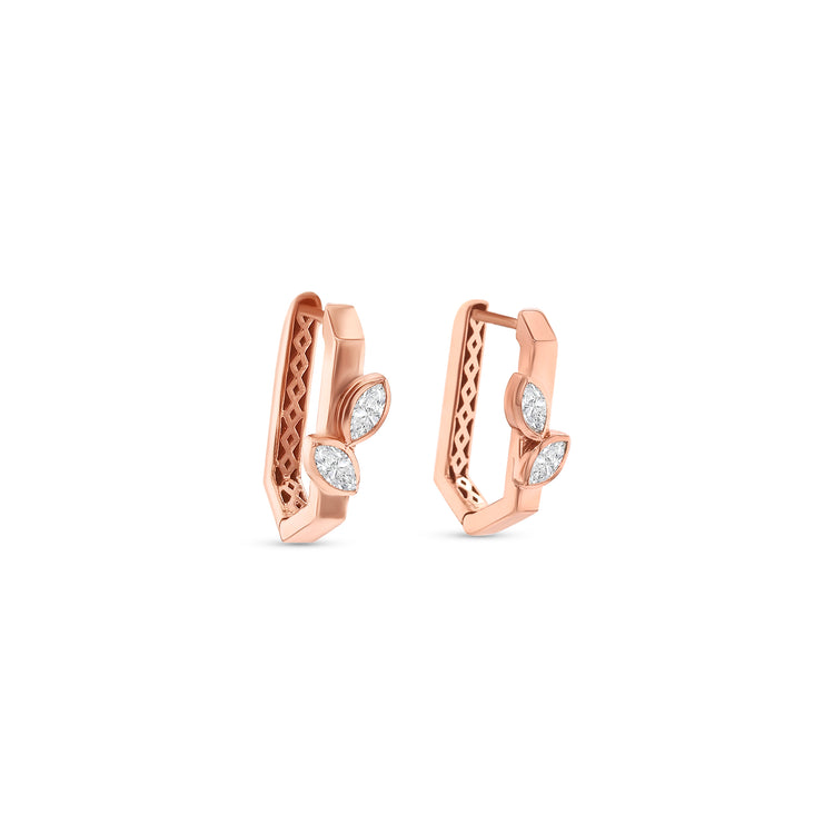 Rose gold huggie earrings, marquise diamond earrings, diamond leaf earrings, elegant hoop earrings, rose gold jewelry, fine jewelry hoops, designer earrings for women, luxury rose gold earrings, marquise cut diamond jewelry, stylish everyday earrings.