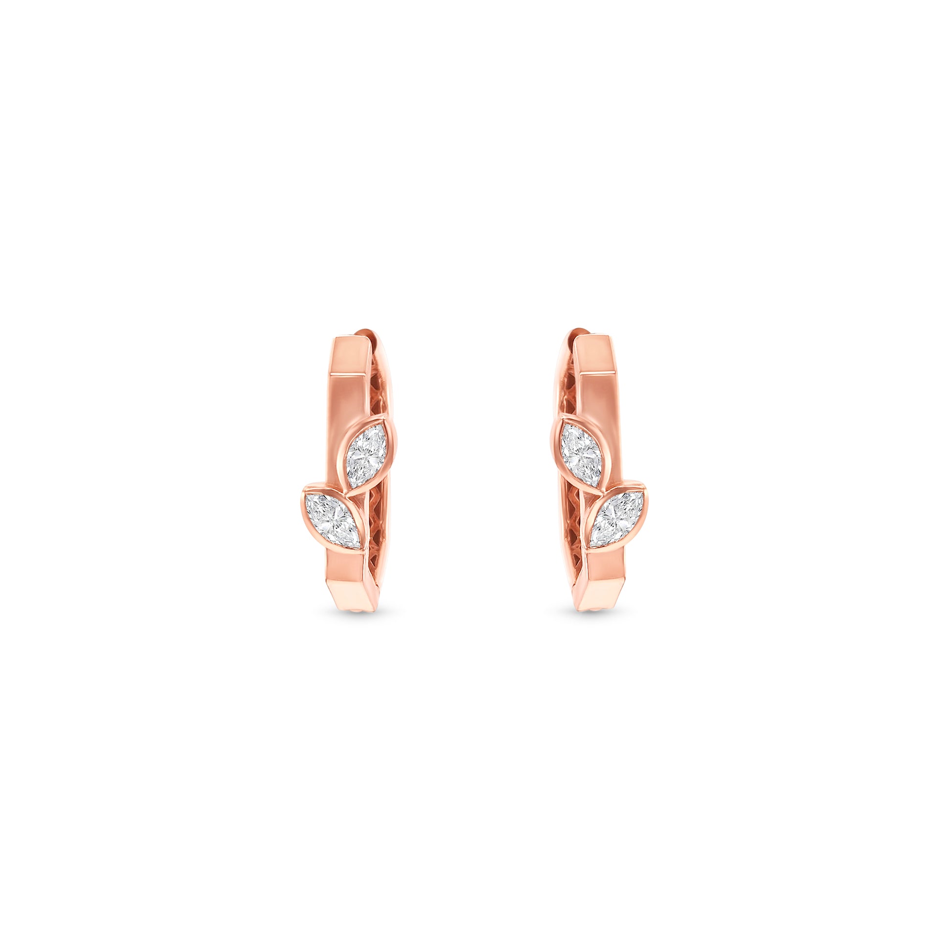 Rose gold huggie earrings, marquise diamond earrings, diamond leaf earrings, elegant hoop earrings, rose gold jewelry, fine jewelry hoops, designer earrings for women, luxury rose gold earrings, marquise cut diamond jewelry, stylish everyday earrings.