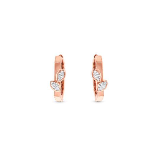 Rose gold huggie earrings, marquise diamond earrings, diamond leaf earrings, elegant hoop earrings, rose gold jewelry, fine jewelry hoops, designer earrings for women, luxury rose gold earrings, marquise cut diamond jewelry, stylish everyday earrings.