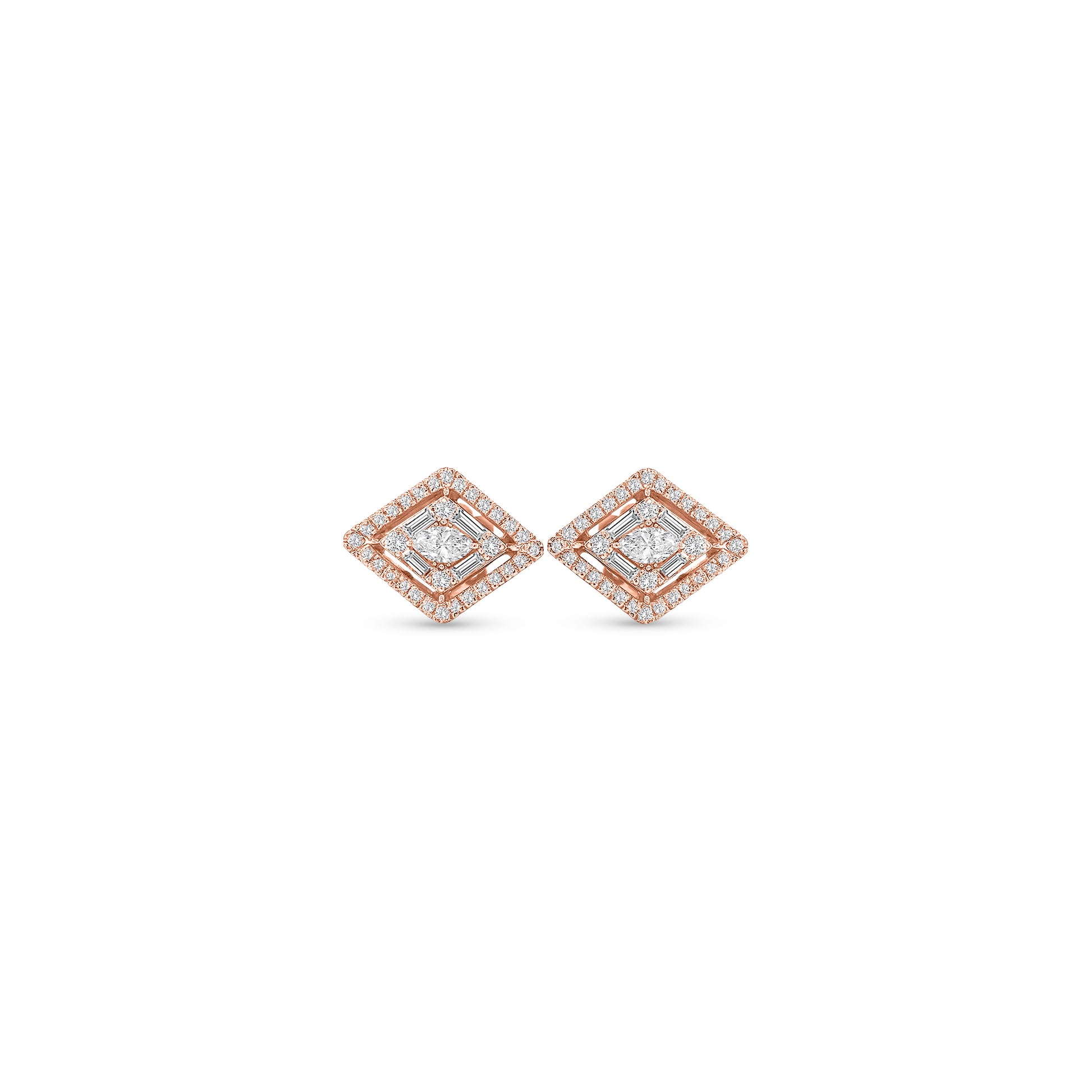 Rose gold diamond stud earrings, square halo diamond studs, geometric rose gold earrings, cushion cut diamond earrings, elegant stud earrings for women, luxury rose gold jewelry, fine diamond studs, designer diamond earrings, rose gold halo earrings, statement diamond stud earrings.