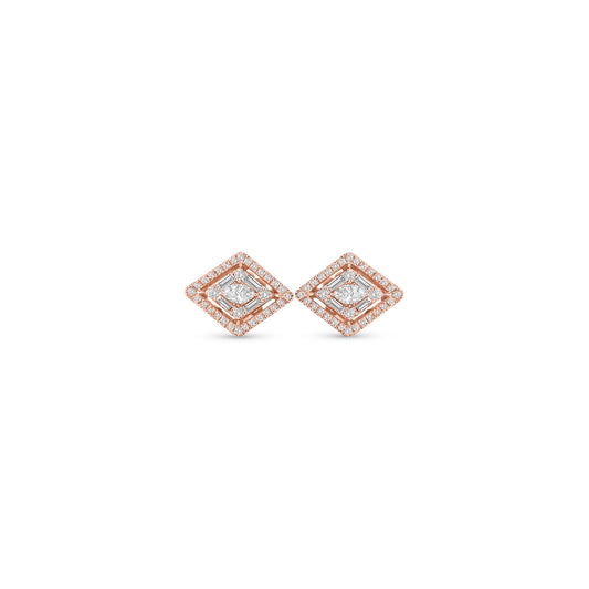Rose gold diamond stud earrings, square halo diamond studs, geometric rose gold earrings, cushion cut diamond earrings, elegant stud earrings for women, luxury rose gold jewelry, fine diamond studs, designer diamond earrings, rose gold halo earrings, statement diamond stud earrings.