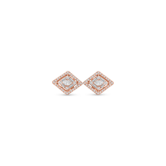 Rose gold diamond stud earrings, square halo diamond studs, geometric rose gold earrings, cushion cut diamond earrings, elegant stud earrings for women, luxury rose gold jewelry, fine diamond studs, designer diamond earrings, rose gold halo earrings, statement diamond stud earrings.