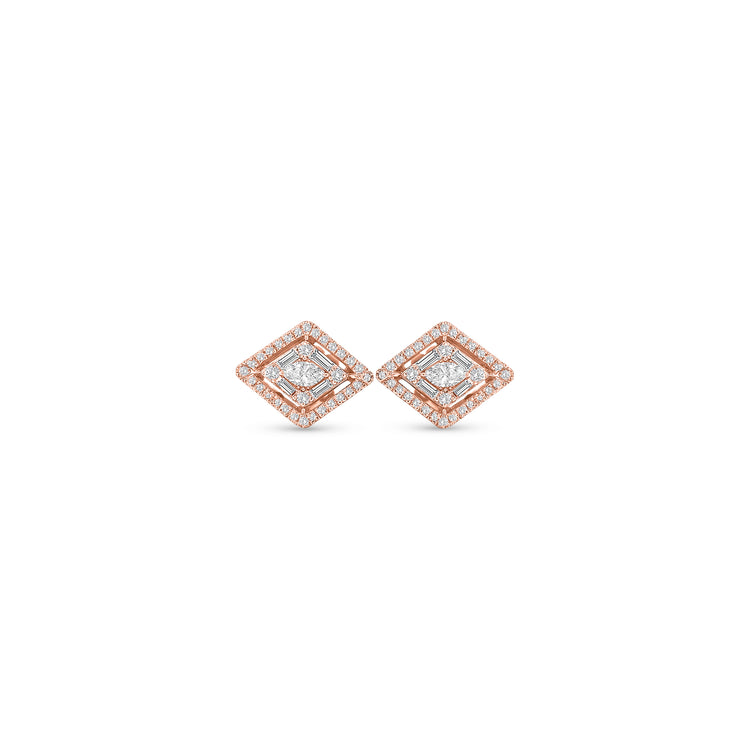 Rose gold diamond stud earrings, square halo diamond studs, geometric rose gold earrings, cushion cut diamond earrings, elegant stud earrings for women, luxury rose gold jewelry, fine diamond studs, designer diamond earrings, rose gold halo earrings, statement diamond stud earrings.