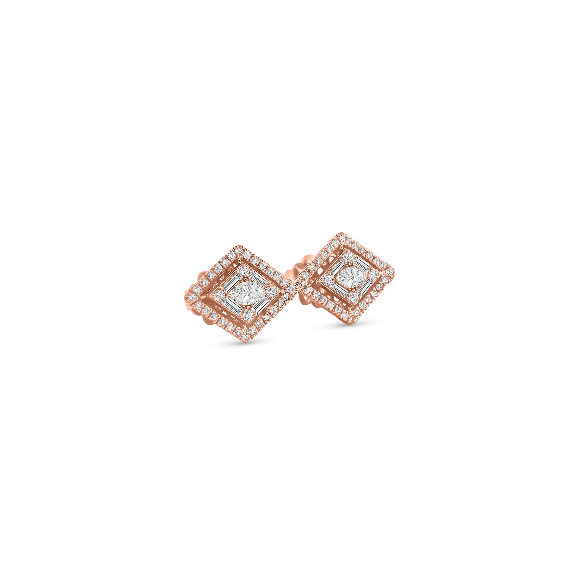 Rose gold diamond stud earrings, square halo diamond studs, geometric rose gold earrings, cushion cut diamond earrings, elegant stud earrings for women, luxury rose gold jewelry, fine diamond studs, designer diamond earrings, rose gold halo earrings, statement diamond stud earrings.
