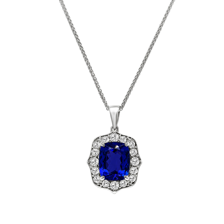 Cushion Cut Tanzanite & Diamond Halo Pendant