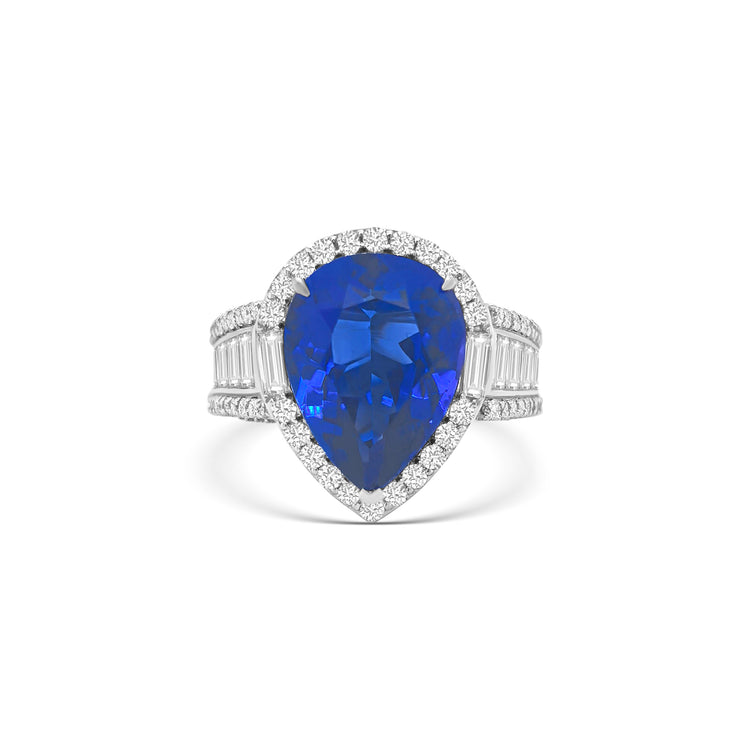 Pear Shape Tanzanite & Diamond Halo Ring