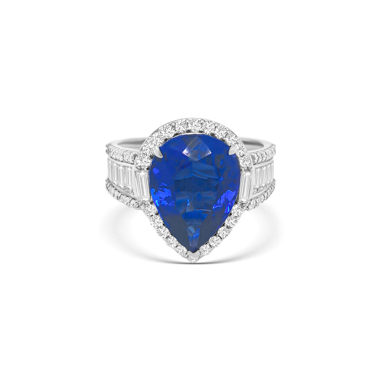 Pear Shape Tanzanite & Diamond Halo Ring