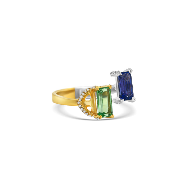 Two-toned Emerald Tanzanite, Tsavorite & Diamond Ring