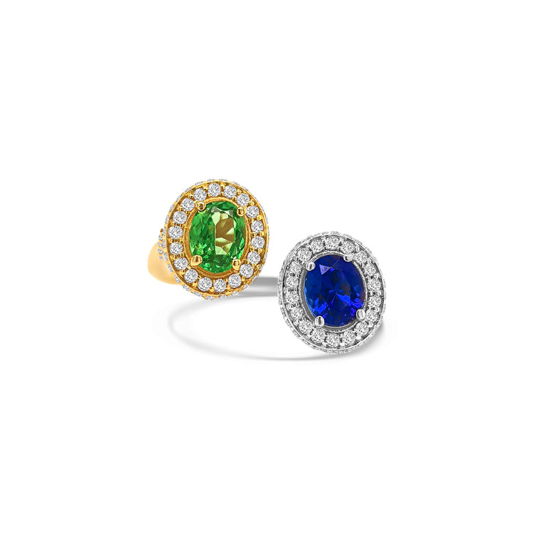 Two-toned Oval Tanzanite, Tsavorite & Diamond Halo Ring