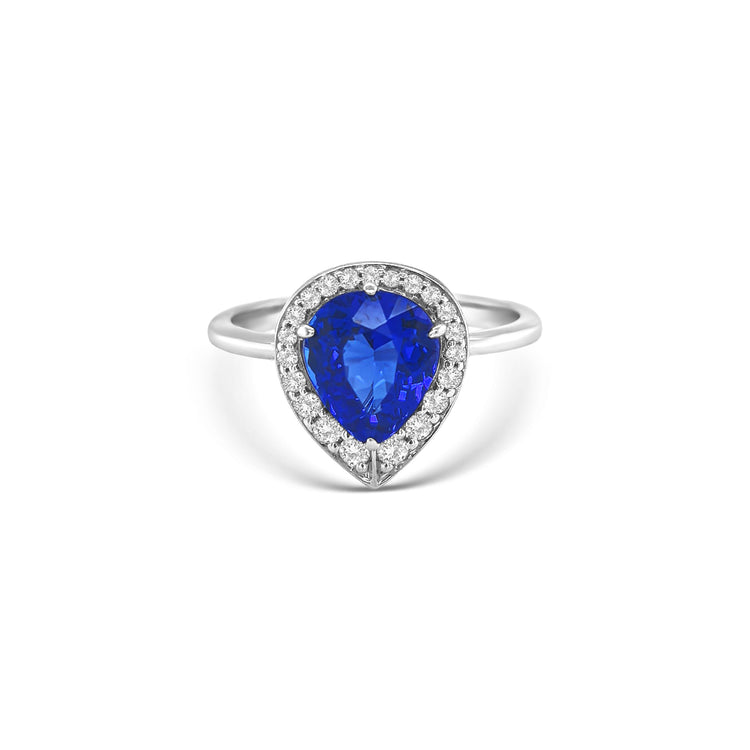 Pear Shaped Tanzanite & Diamond Halo Ring