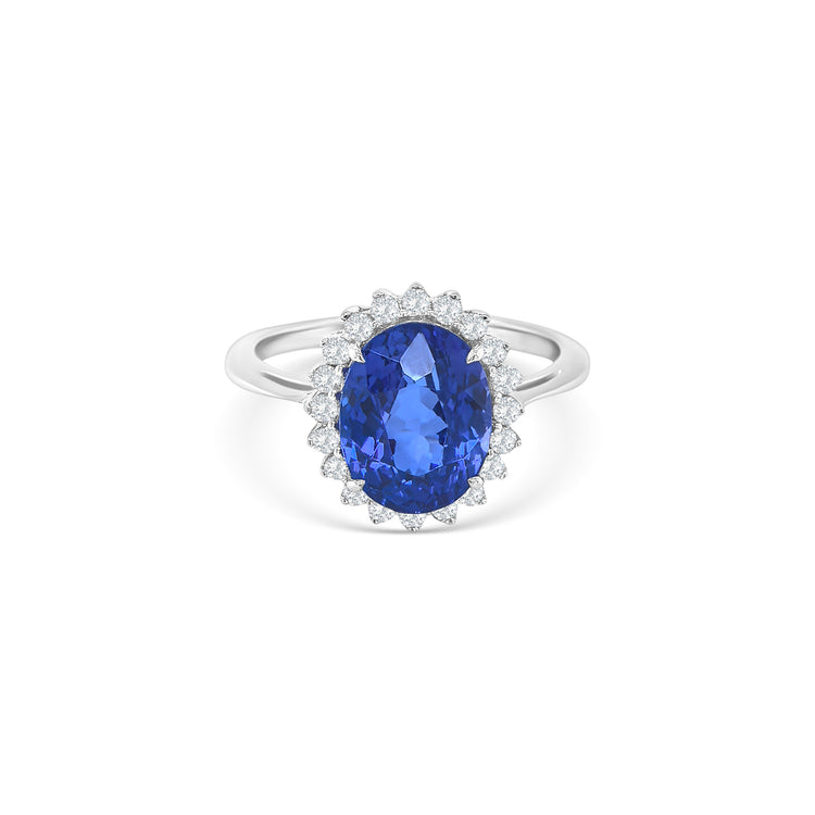 Oval Cut Tanzanite & Floral Halo Diamond Ring