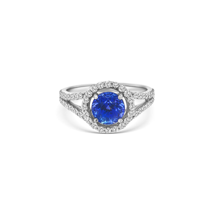 Round Cut Tanzanite & Diamond Halo Ring