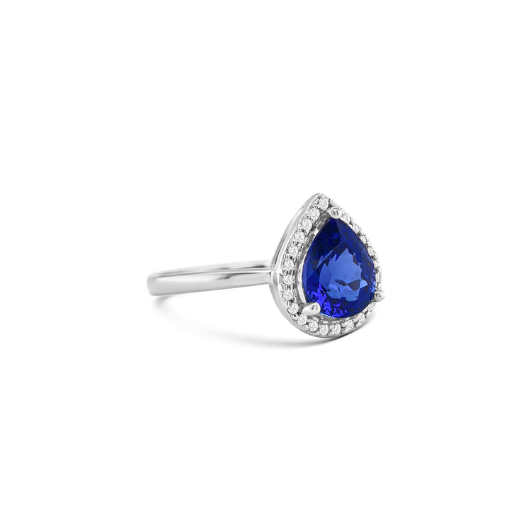 Solitaire Pear Shape Tanzanite Diamond Halo Ring