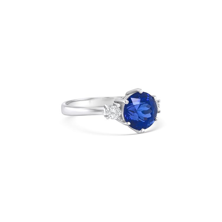 Round cut Tanzanite & Diamond Trilogy Ring