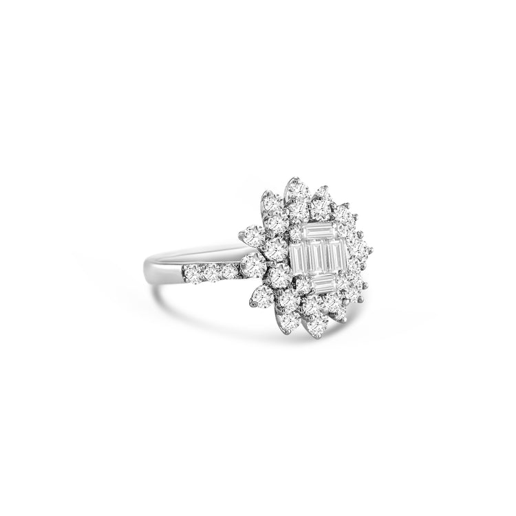 Round Brilliant & Baguette Cut Floral Illusion Diamond Ring