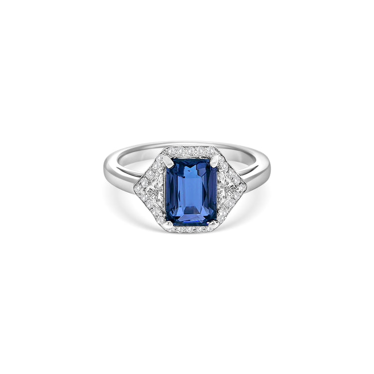 Emerald Cut Blue Sapphire and Diamond Halo Ring