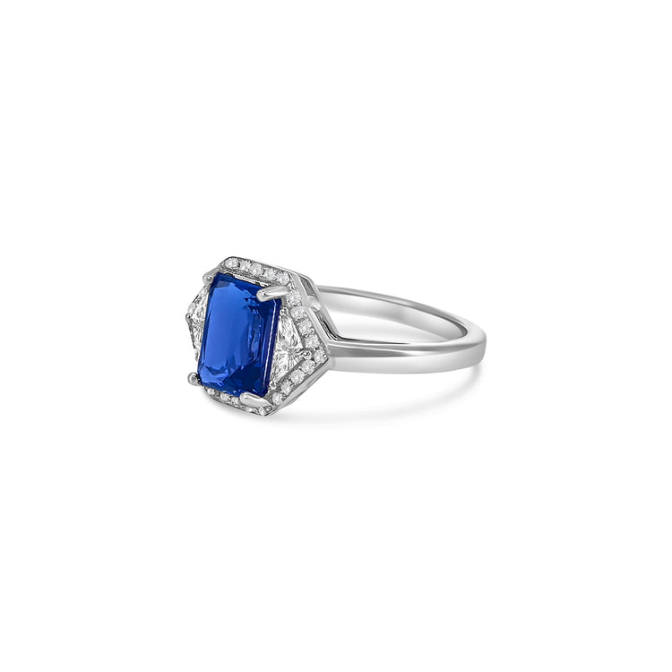 Emerald Cut Blue Sapphire and Diamond Halo Ring