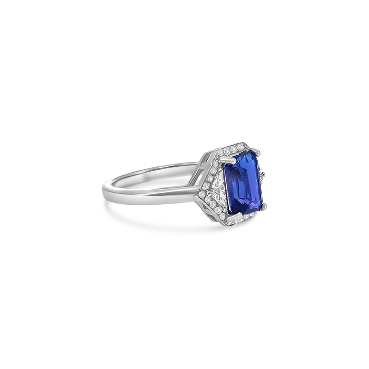 Emerald Cut Blue Sapphire and Diamond Halo Ring
