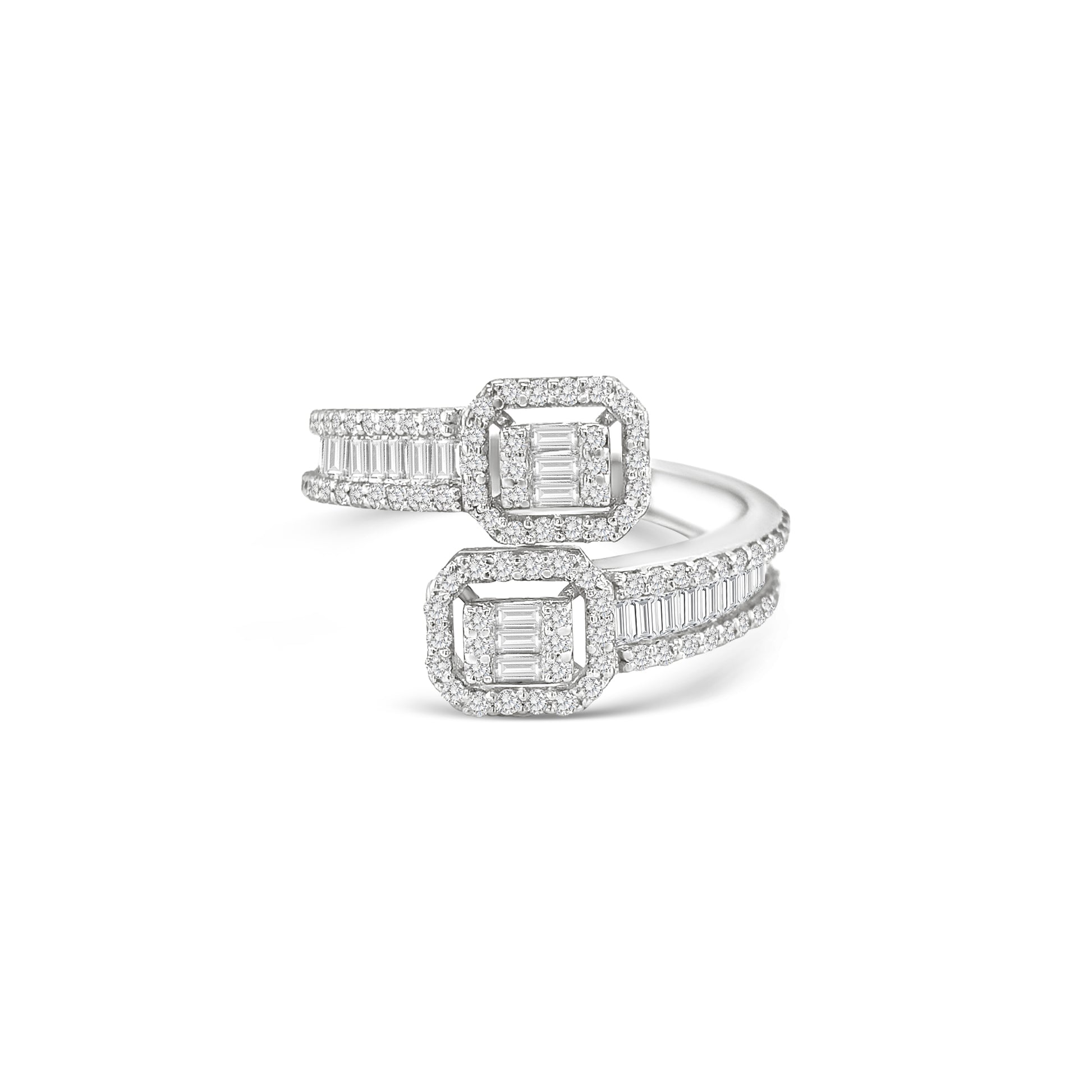 Double illusion baguette diamond bypass ring, Open shank ring with twin emerald-cut illusion clusters, Modern bypass diamond ring with halo settings, Twin-head baguette and round diamond designer ring, Elegant open band ring with double rectangular diamond halos, Contemporary high-jewellery baguette diamond ring, White gold bypass ring with illusion emerald-cut centers