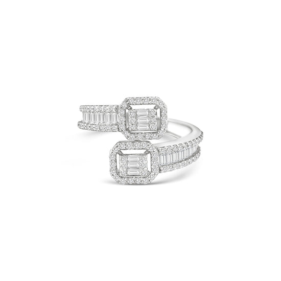 Double illusion baguette diamond bypass ring, Open shank ring with twin emerald-cut illusion clusters, Modern bypass diamond ring with halo settings, Twin-head baguette and round diamond designer ring, Elegant open band ring with double rectangular diamond halos, Contemporary high-jewellery baguette diamond ring, White gold bypass ring with illusion emerald-cut centers