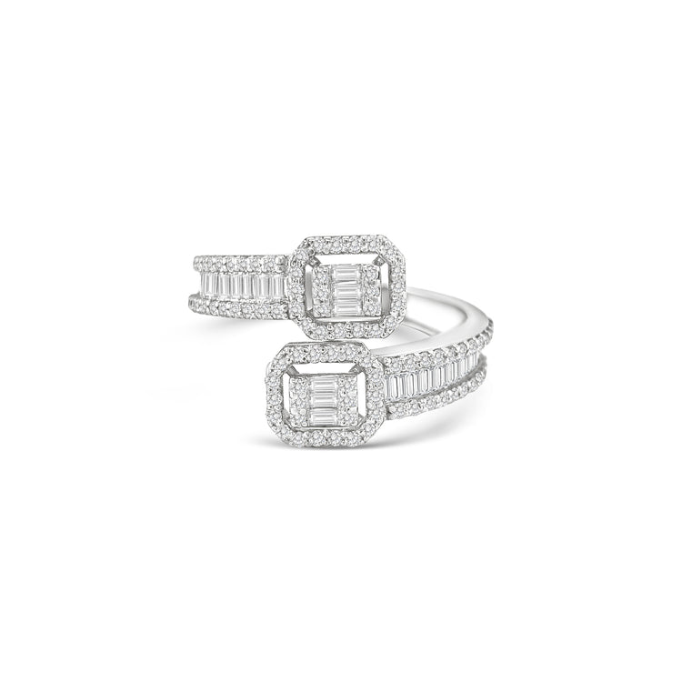 Double illusion baguette diamond bypass ring, Open shank ring with twin emerald-cut illusion clusters, Modern bypass diamond ring with halo settings, Twin-head baguette and round diamond designer ring, Elegant open band ring with double rectangular diamond halos, Contemporary high-jewellery baguette diamond ring, White gold bypass ring with illusion emerald-cut centers