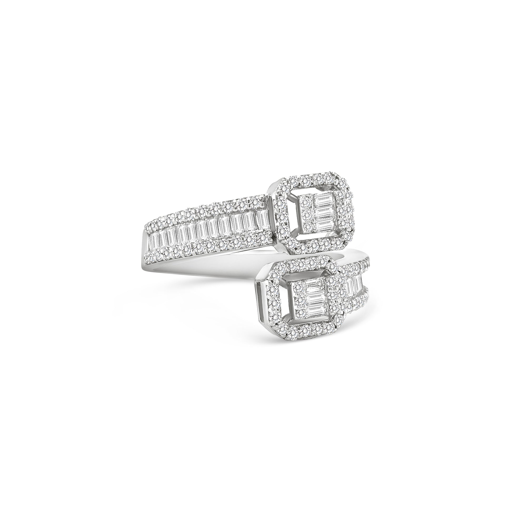 Double illusion baguette diamond bypass ring, Open shank ring with twin emerald-cut illusion clusters, Modern bypass diamond ring with halo settings, Twin-head baguette and round diamond designer ring, Elegant open band ring with double rectangular diamond halos, Contemporary high-jewellery baguette diamond ring, White gold bypass ring with illusion emerald-cut centers