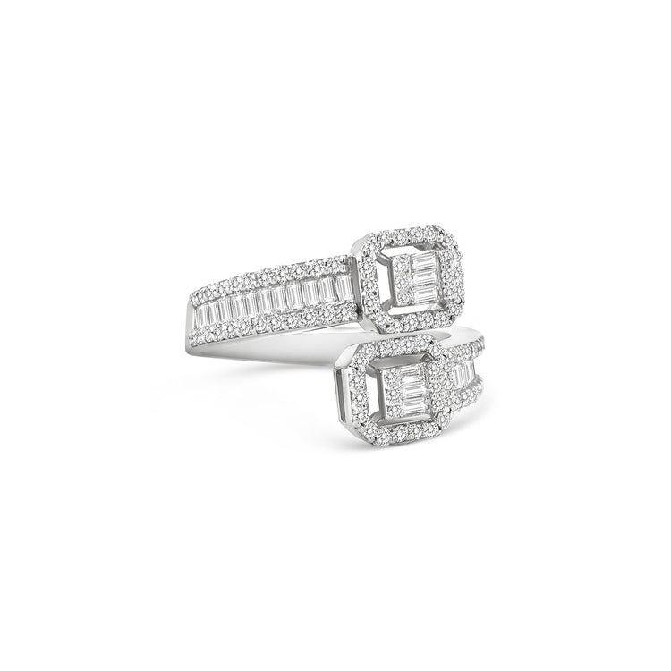Double illusion baguette diamond bypass ring, Open shank ring with twin emerald-cut illusion clusters, Modern bypass diamond ring with halo settings, Twin-head baguette and round diamond designer ring, Elegant open band ring with double rectangular diamond halos, Contemporary high-jewellery baguette diamond ring, White gold bypass ring with illusion emerald-cut centers