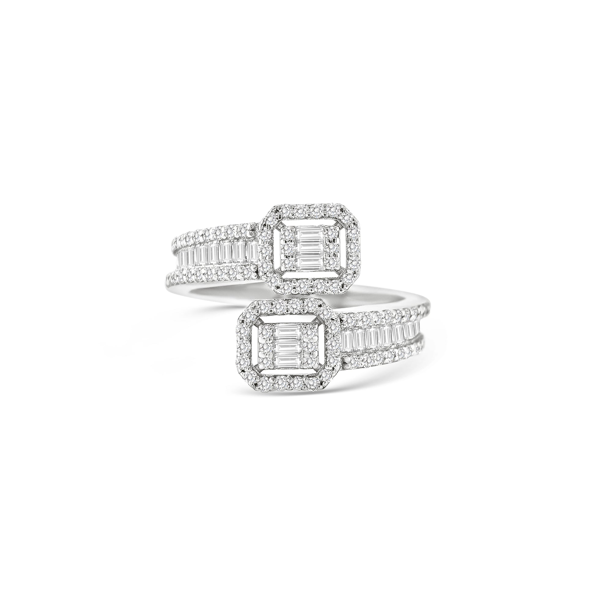 Double illusion baguette diamond bypass ring, Open shank ring with twin emerald-cut illusion clusters, Modern bypass diamond ring with halo settings, Twin-head baguette and round diamond designer ring, Elegant open band ring with double rectangular diamond halos, Contemporary high-jewellery baguette diamond ring, White gold bypass ring with illusion emerald-cut centers