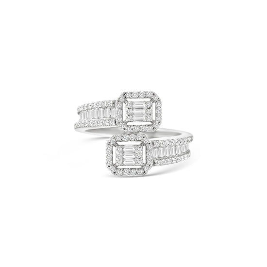 Double illusion baguette diamond bypass ring, Open shank ring with twin emerald-cut illusion clusters, Modern bypass diamond ring with halo settings, Twin-head baguette and round diamond designer ring, Elegant open band ring with double rectangular diamond halos, Contemporary high-jewellery baguette diamond ring, White gold bypass ring with illusion emerald-cut centers