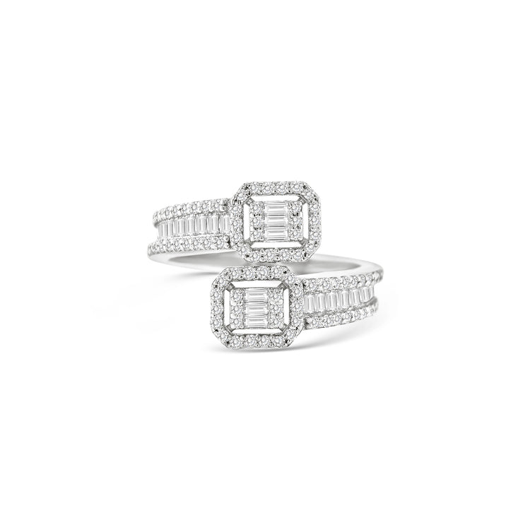 Double illusion baguette diamond bypass ring, Open shank ring with twin emerald-cut illusion clusters, Modern bypass diamond ring with halo settings, Twin-head baguette and round diamond designer ring, Elegant open band ring with double rectangular diamond halos, Contemporary high-jewellery baguette diamond ring, White gold bypass ring with illusion emerald-cut centers