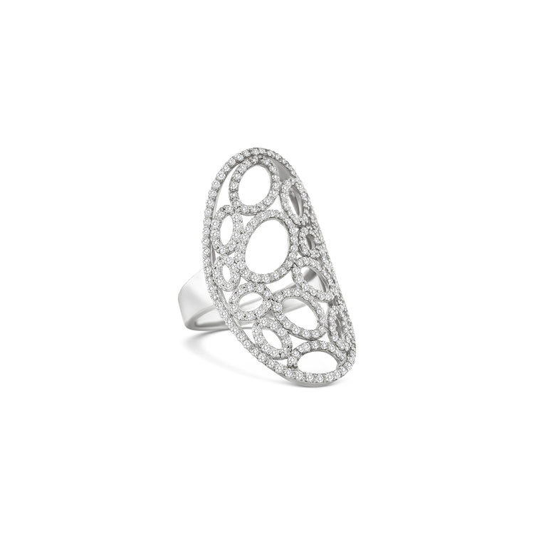 mesh diamond ring, oval cutout ring, openwork diamond ring, sculptural gold ring, pavé diamond statement ring, full finger fashion ring