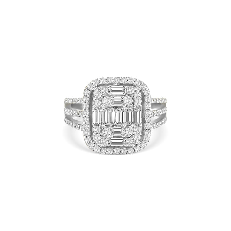 baguette and round brilliant diamond ring, illusion diamond ring, double halo diamond ring, triple band diamond ring, statement cocktail ring, illusion set engagement ring, luxury diamond ring