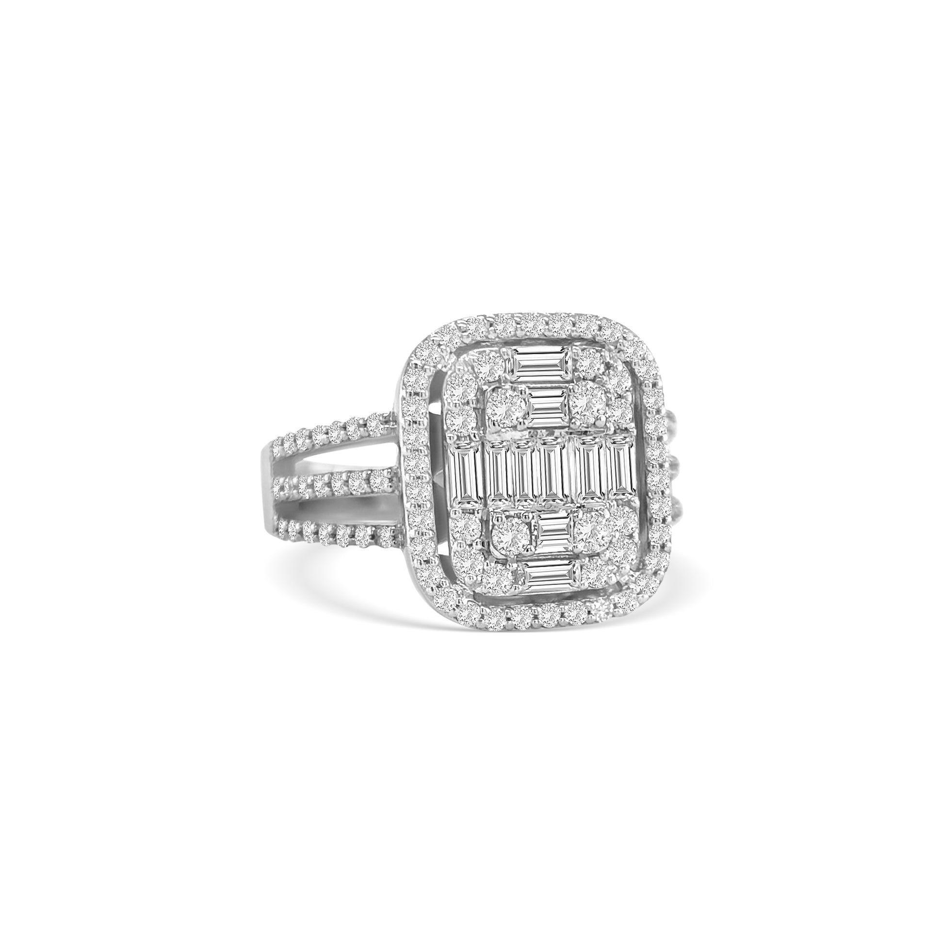 baguette and round brilliant diamond ring, illusion diamond ring, double halo diamond ring, triple band diamond ring, statement cocktail ring, illusion set engagement ring, luxury diamond ring