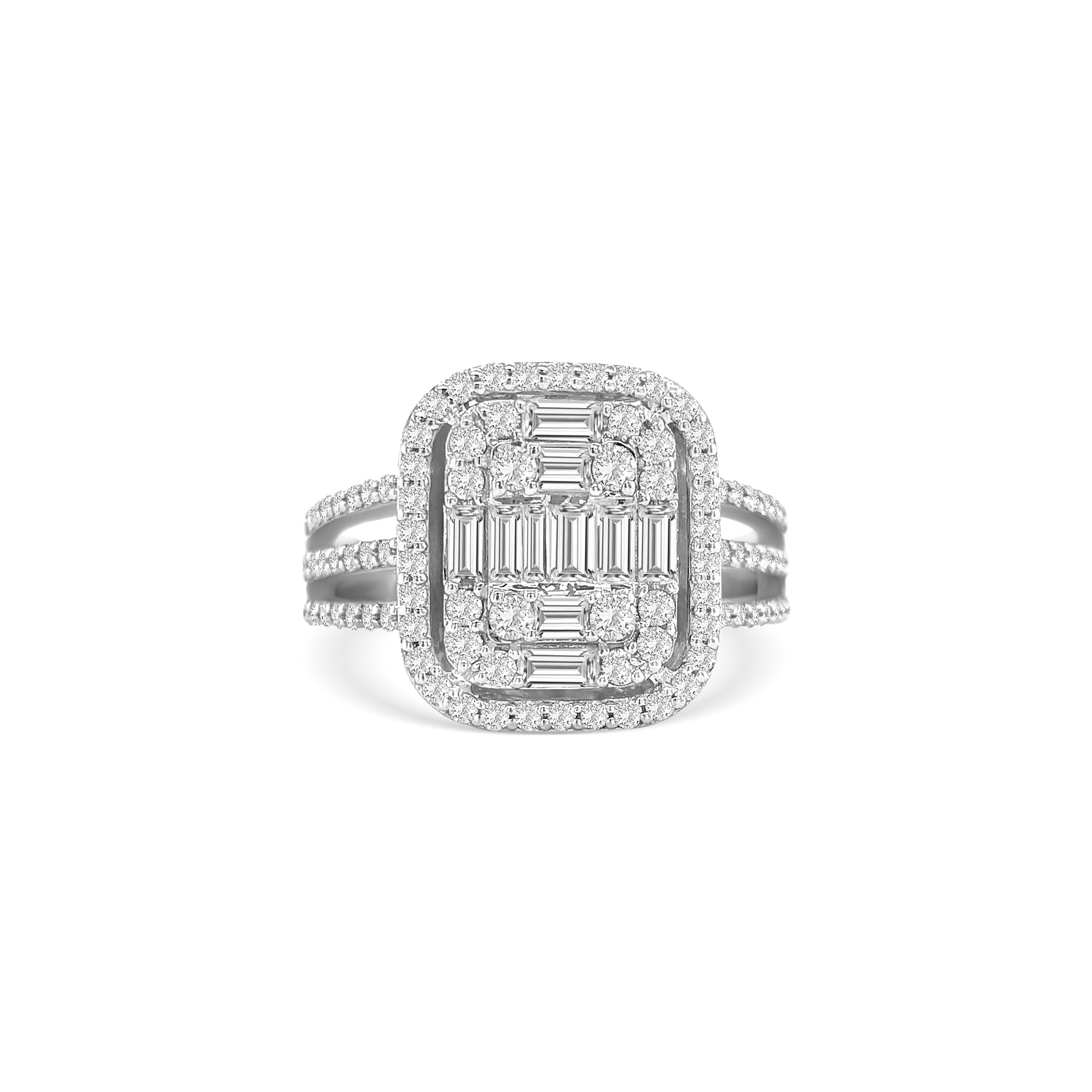 baguette and round brilliant diamond ring, illusion diamond ring, double halo diamond ring, triple band diamond ring, statement cocktail ring, illusion set engagement ring, luxury diamond ring