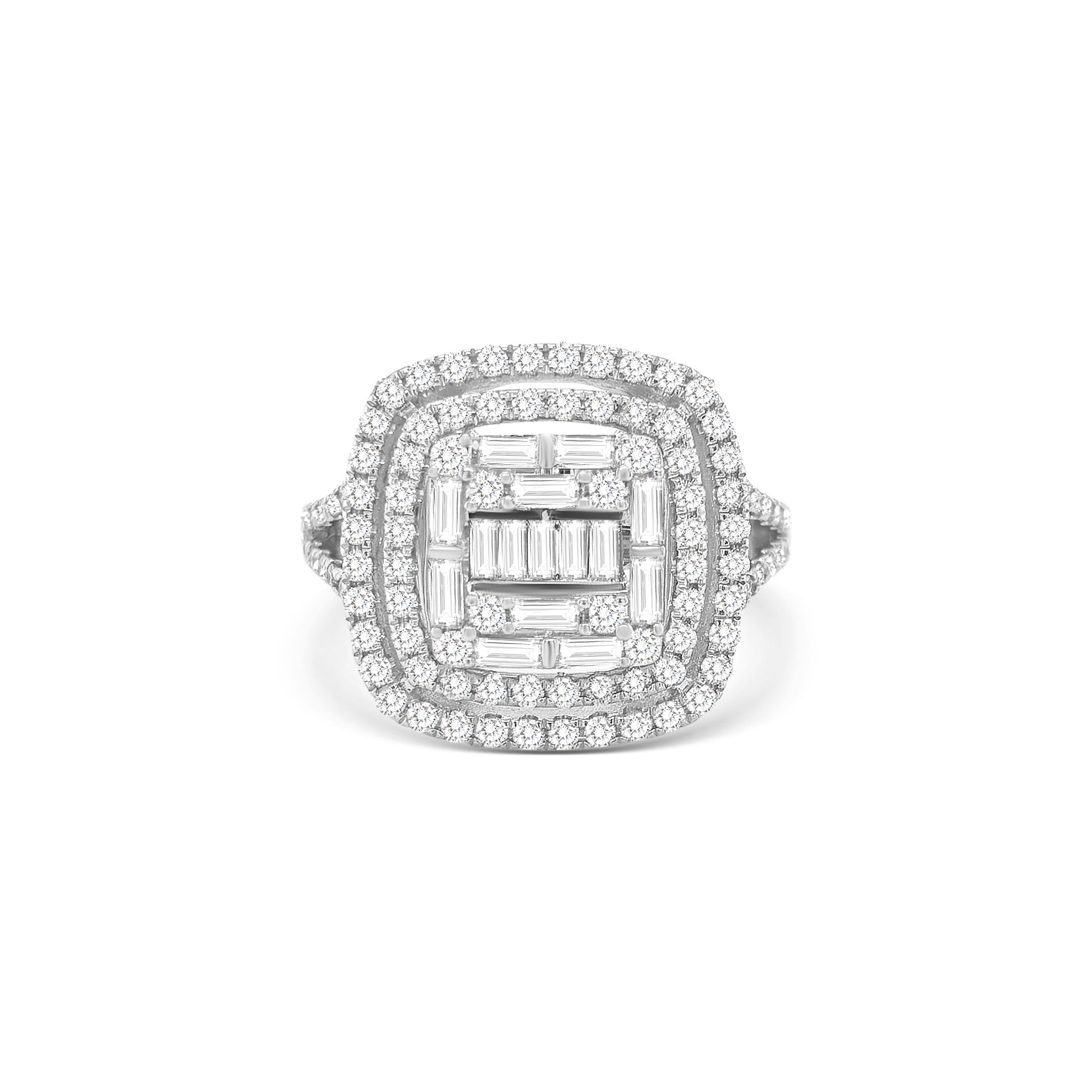 baguette and round brilliant diamond ring, illusion diamond ring, split shank engagement ring, contemporary diamond ring design, double illusion diamond setting, luxury diamond cocktail ring, elegant white gold diamond ring