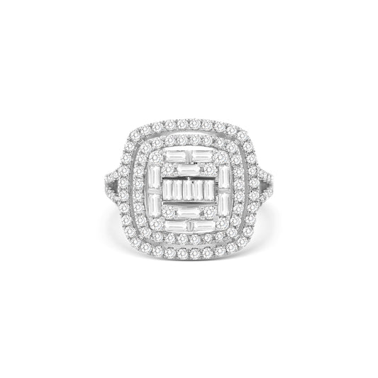 baguette and round brilliant diamond ring, illusion diamond ring, split shank engagement ring, contemporary diamond ring design, double illusion diamond setting, luxury diamond cocktail ring, elegant white gold diamond ring
