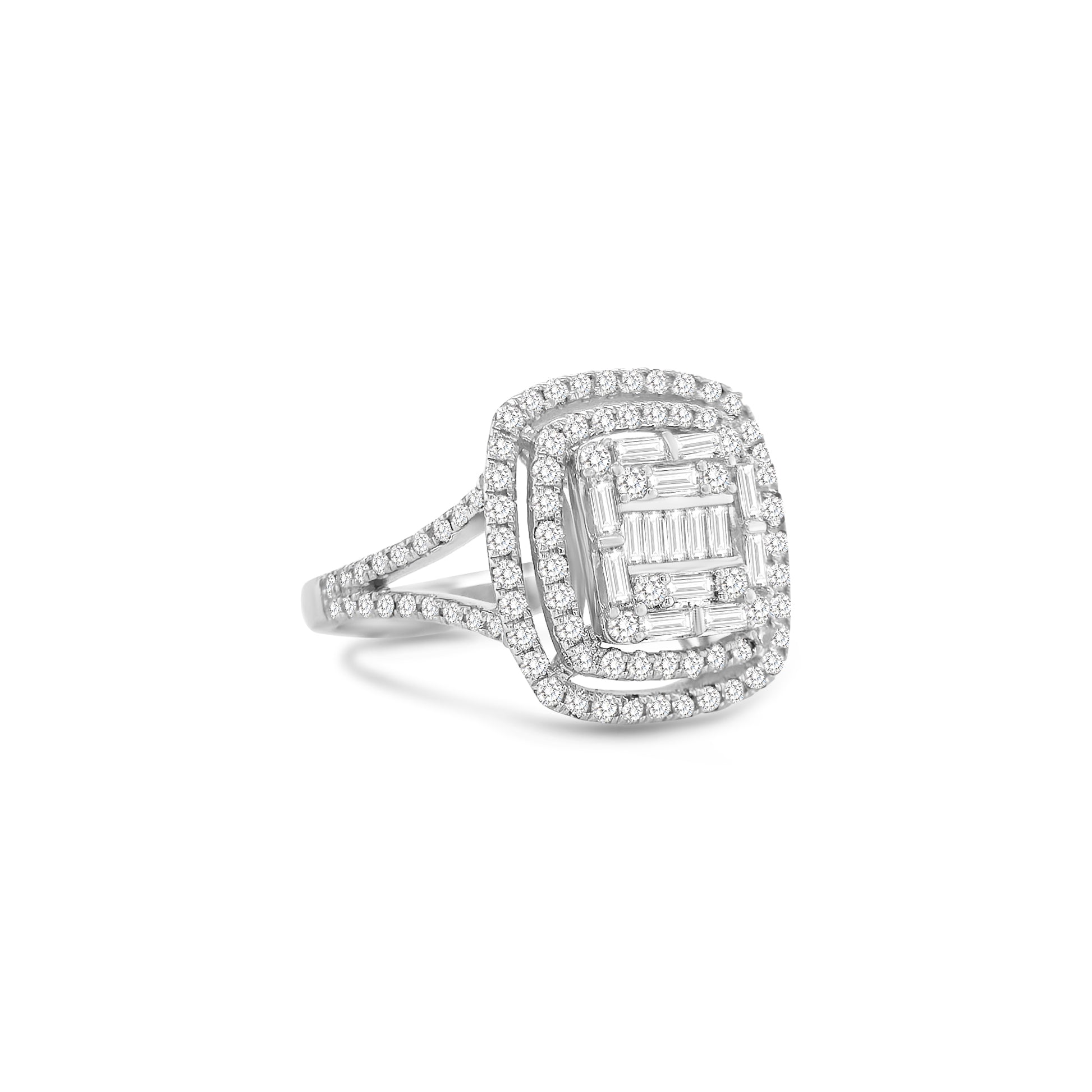 baguette and round brilliant diamond ring, illusion diamond ring, split shank engagement ring, contemporary diamond ring design, double illusion diamond setting, luxury diamond cocktail ring, elegant white gold diamond ring