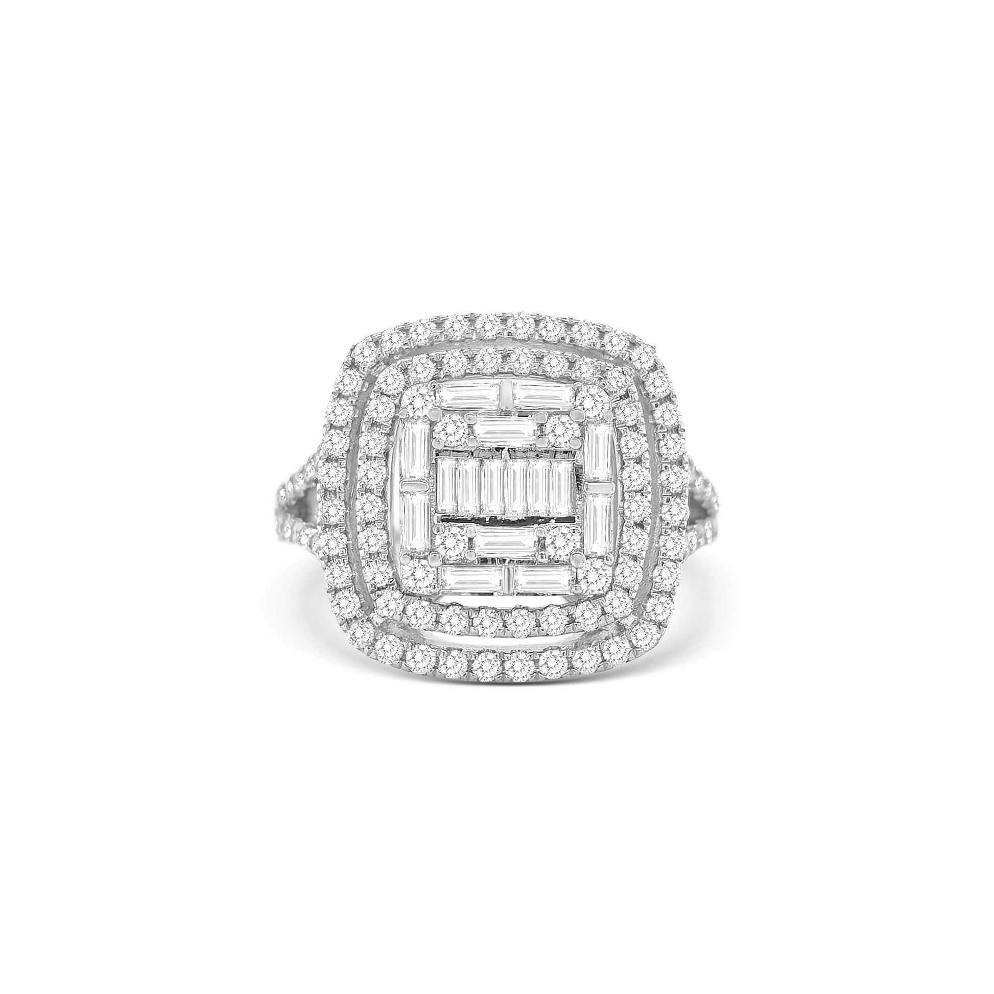 baguette and round brilliant diamond ring, illusion diamond ring, split shank engagement ring, contemporary diamond ring design, double illusion diamond setting, luxury diamond cocktail ring, elegant white gold diamond ring