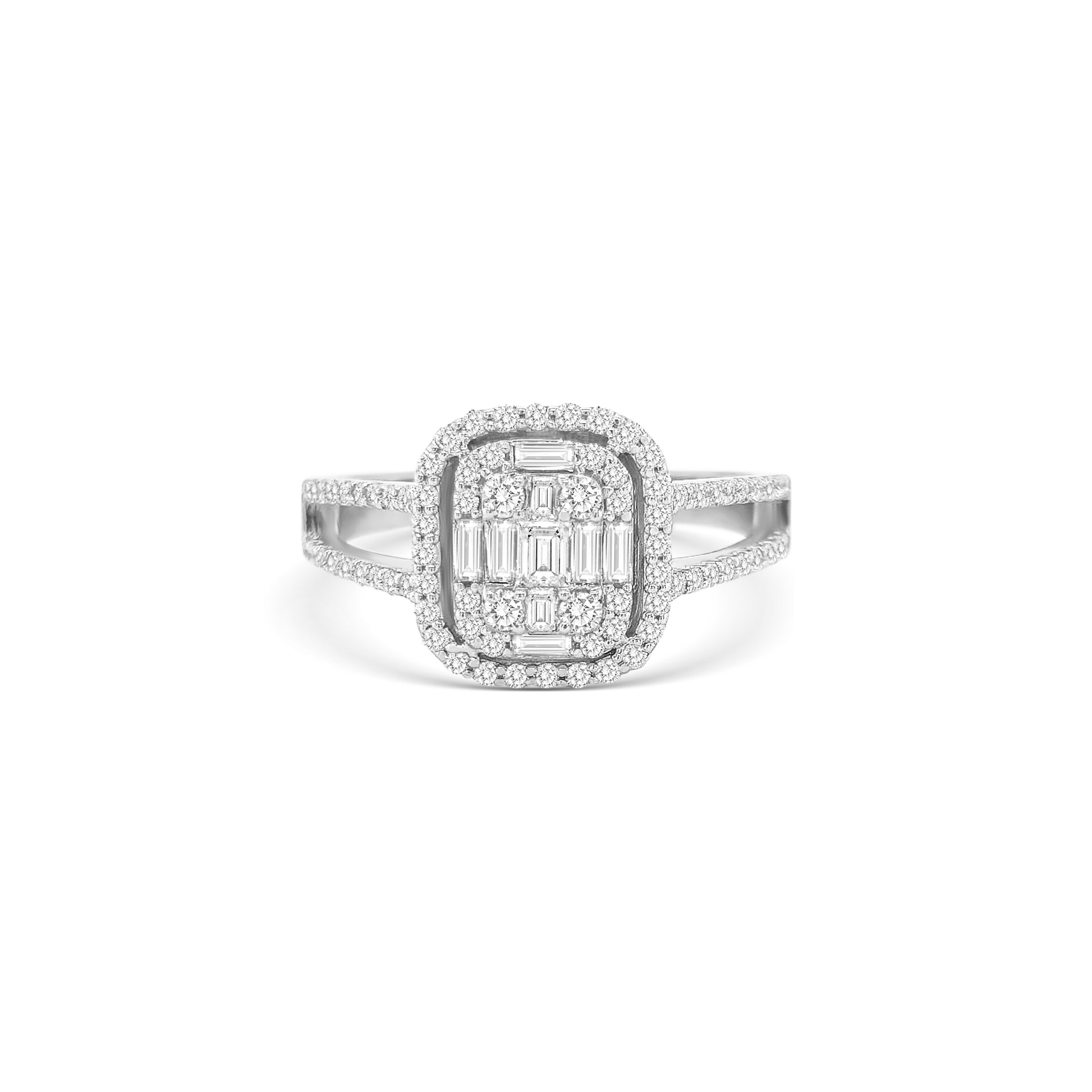 baguette and round brilliant diamond ring, illusion diamond ring, split shank engagement ring, contemporary diamond ring design, double illusion diamond setting, luxury diamond cocktail ring, elegant white gold diamond ring