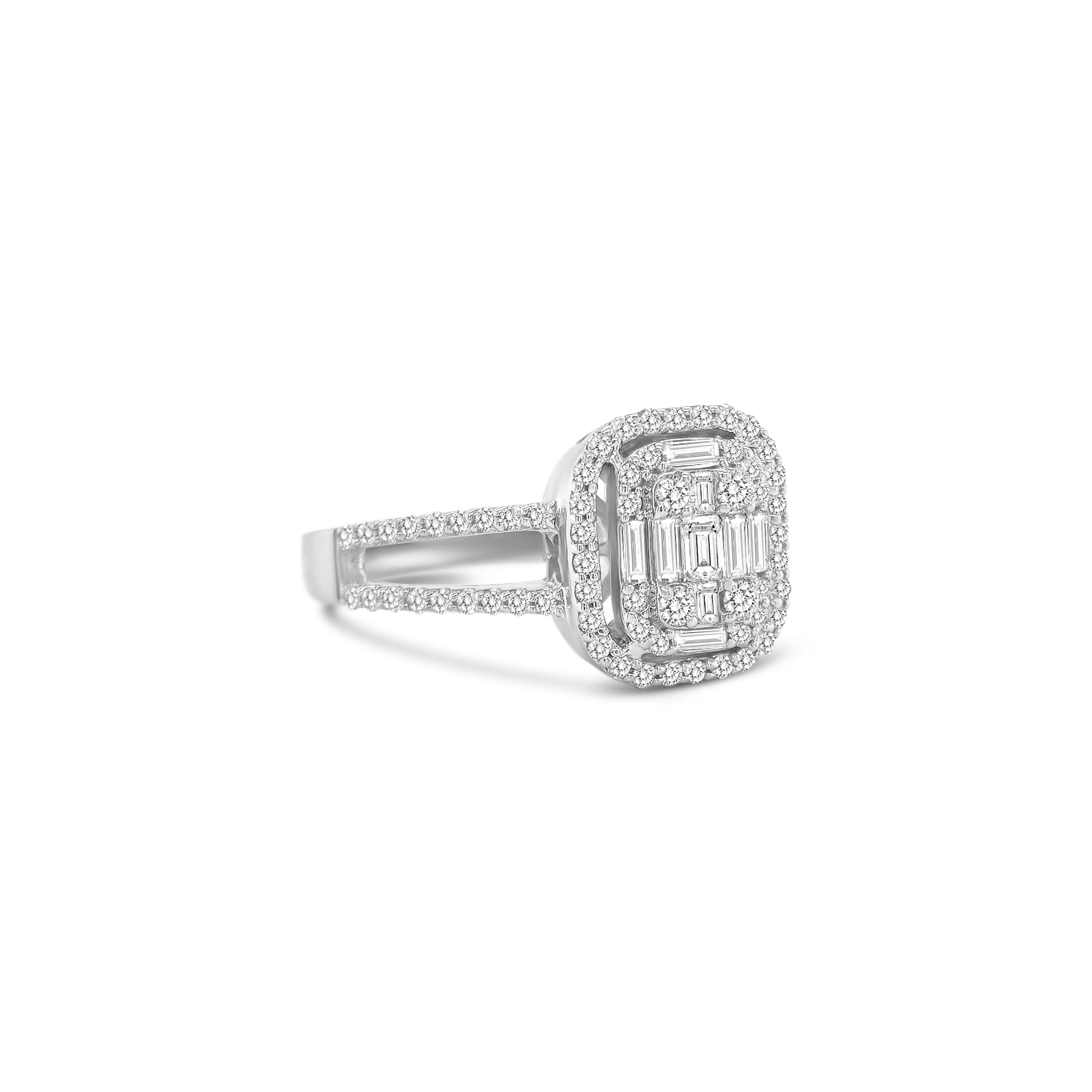 baguette and round brilliant diamond ring, illusion diamond ring, split shank engagement ring, contemporary diamond ring design, double illusion diamond setting, luxury diamond cocktail ring, elegant white gold diamond ring