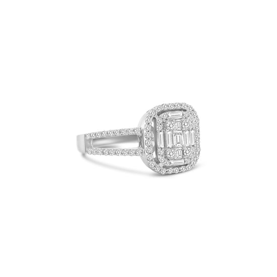 baguette and round brilliant diamond ring, illusion diamond ring, split shank engagement ring, contemporary diamond ring design, double illusion diamond setting, luxury diamond cocktail ring, elegant white gold diamond ring