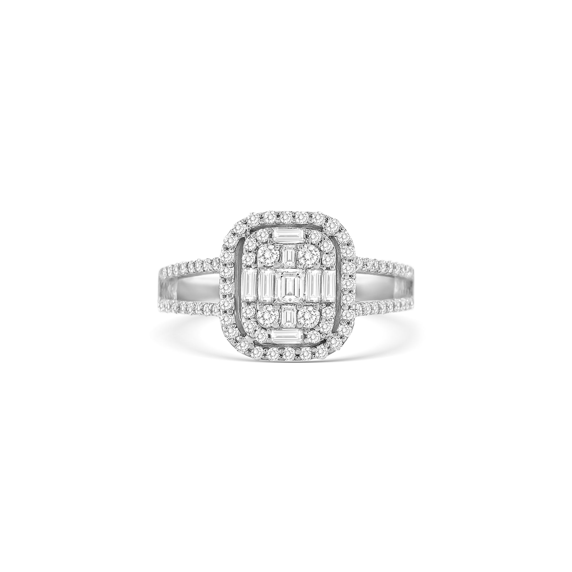 baguette and round brilliant diamond ring, illusion diamond ring, split shank engagement ring, contemporary diamond ring design, double illusion diamond setting, luxury diamond cocktail ring, elegant white gold diamond ring