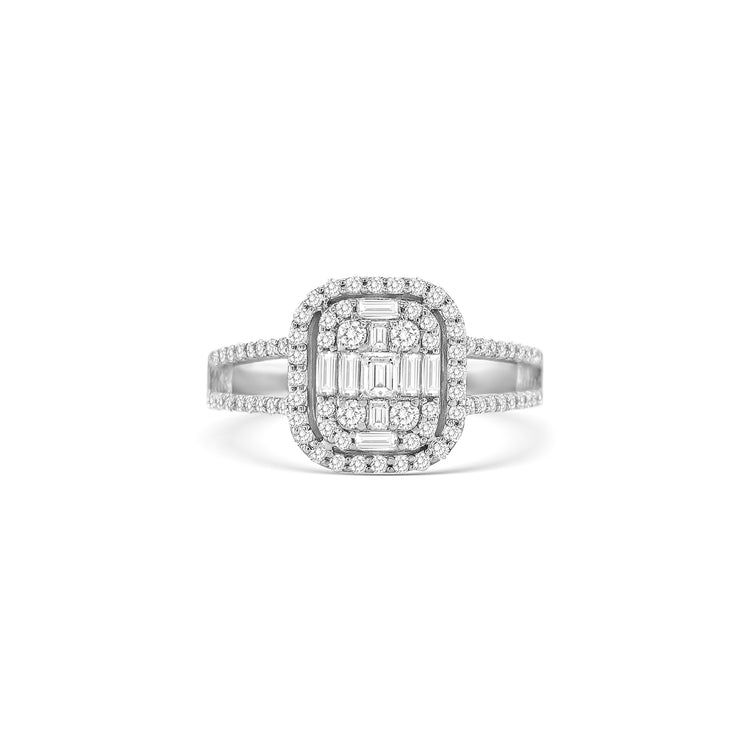 baguette and round brilliant diamond ring, illusion diamond ring, split shank engagement ring, contemporary diamond ring design, double illusion diamond setting, luxury diamond cocktail ring, elegant white gold diamond ring