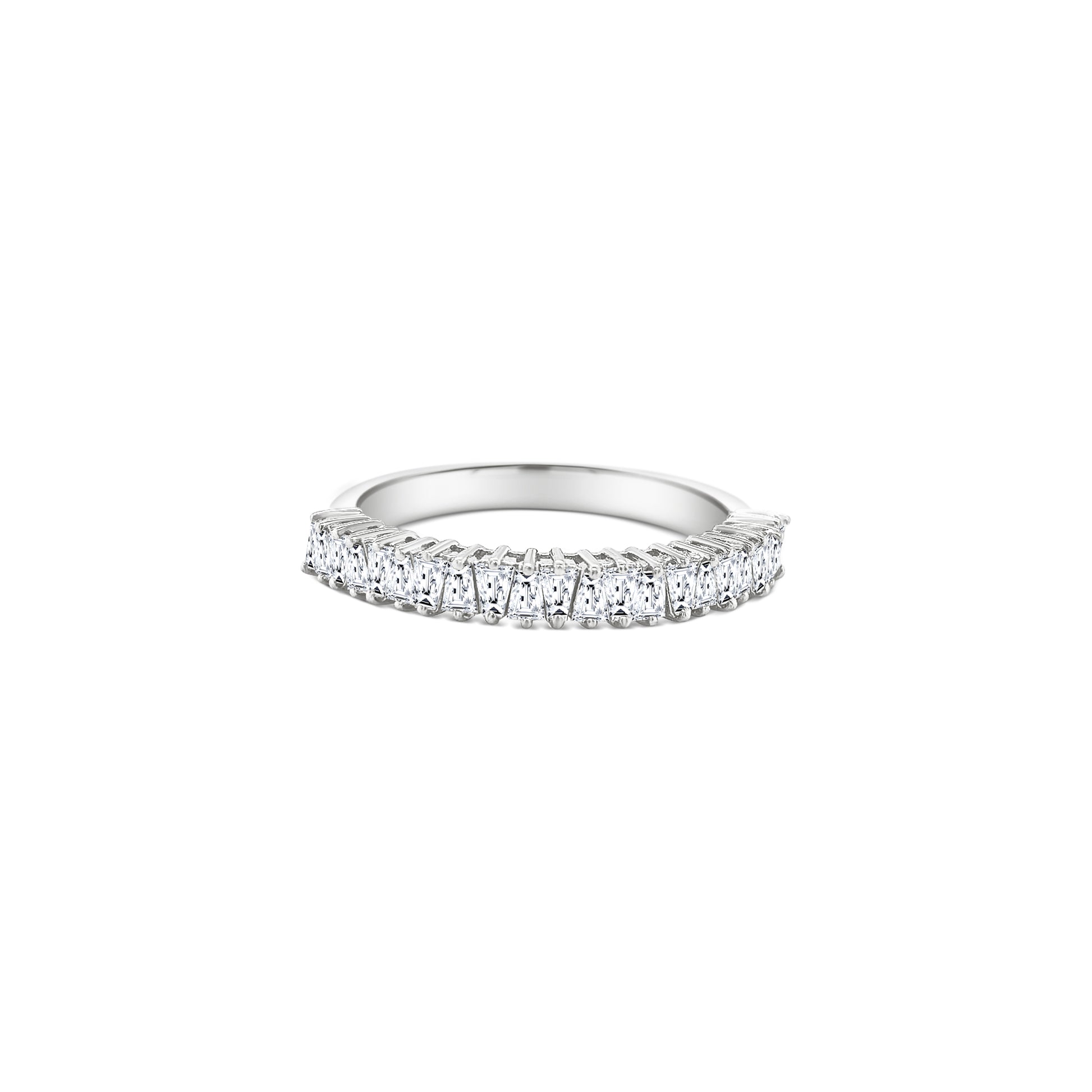 tapered baguette diamond ring, half eternity diamond ring, white gold baguette ring, delicate baguette cut band, fine diamond stacking ring, minimalist eternity band, tapered cut diamond ring