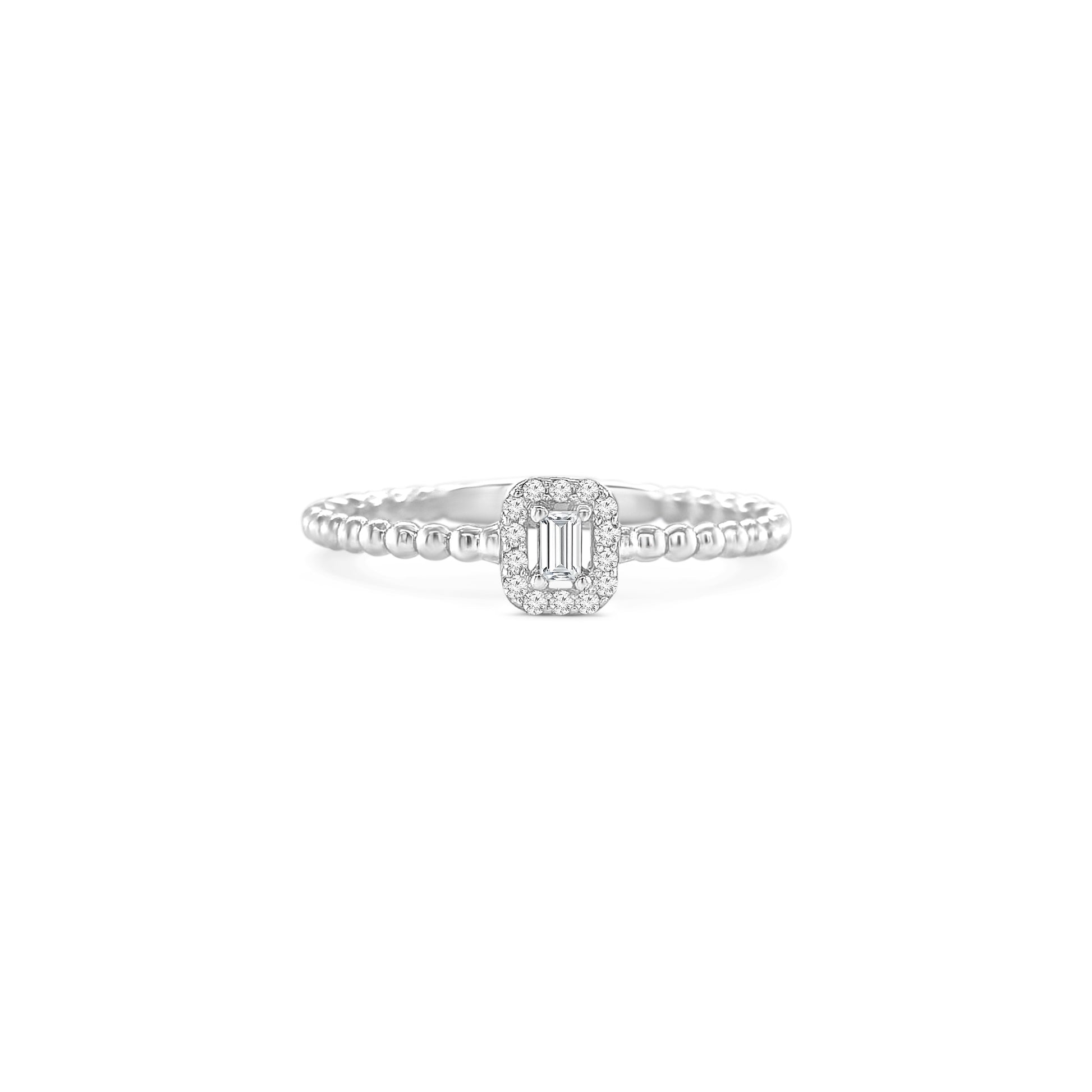 baguette and round brilliant halo ring, petite halo diamond ring, illusion set diamond ring, beaded band diamond ring, dainty diamond ring, modern engagement ring, minimal diamond jewellery