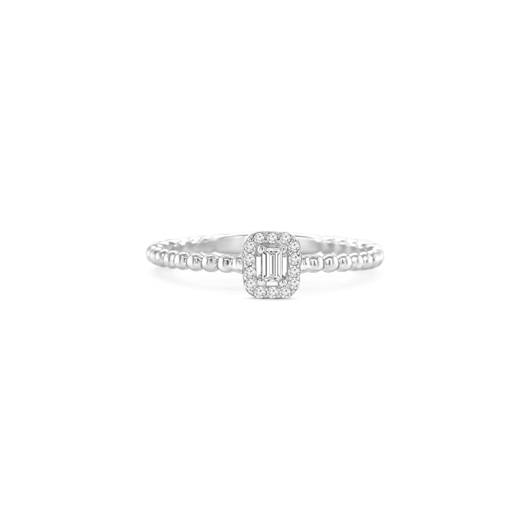 baguette and round brilliant halo ring, petite halo diamond ring, illusion set diamond ring, beaded band diamond ring, dainty diamond ring, modern engagement ring, minimal diamond jewellery